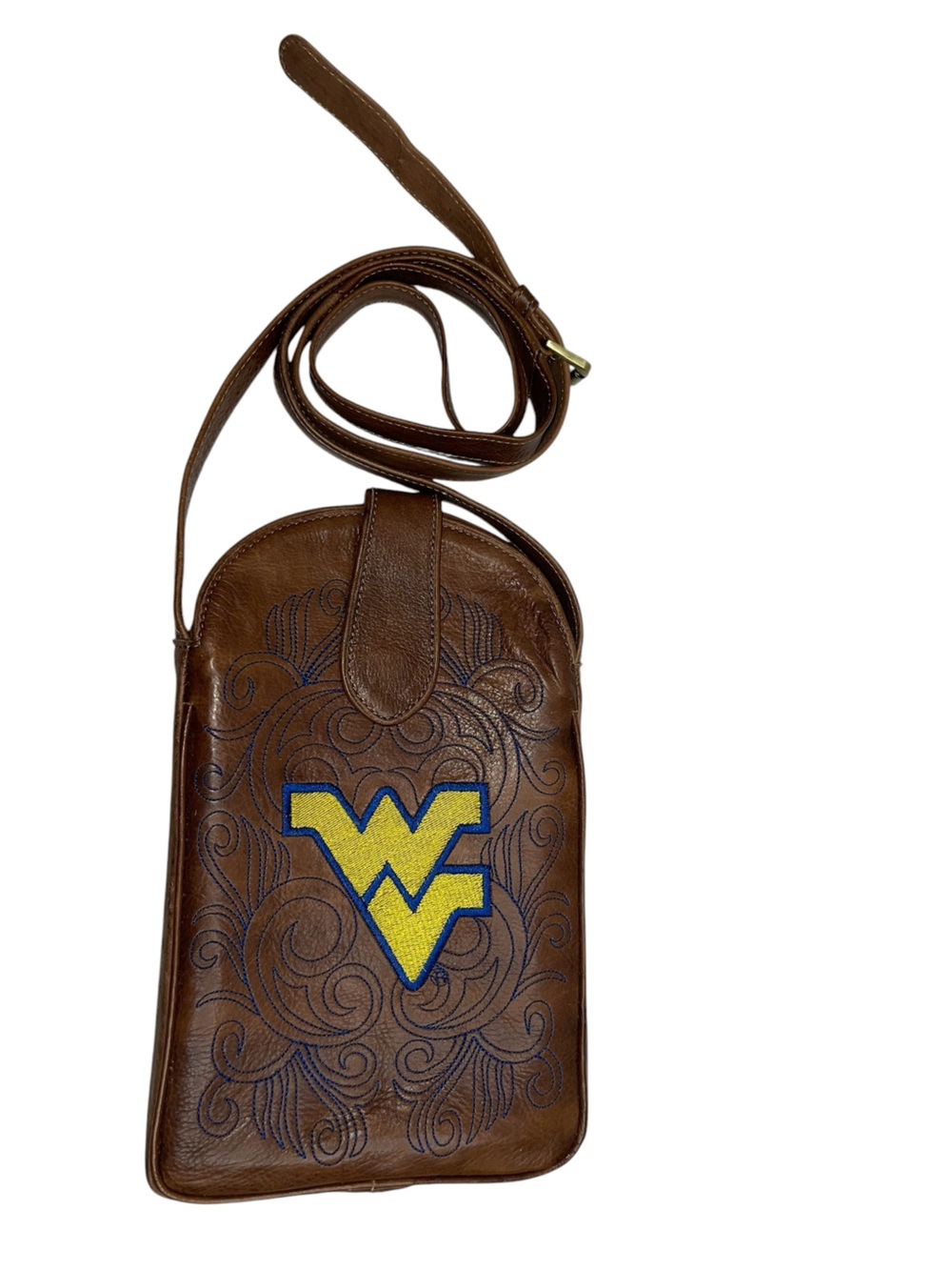WV Embroidered Brown Leather Crossbody Bag with Blue and Gold Stitching